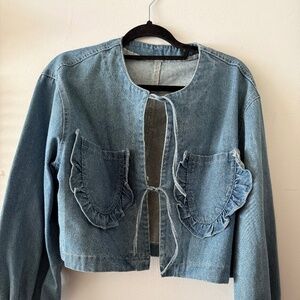 Vintage Cropped Denim Jacket with Ruffle Pockets | No Tag